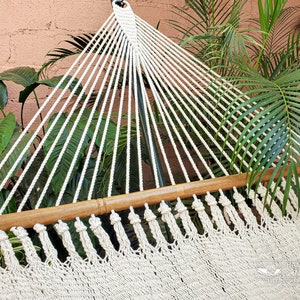 Cotton Handwoven Large Double Hammock with wooden spreader bars Natural Color Crochet Ornament image 5