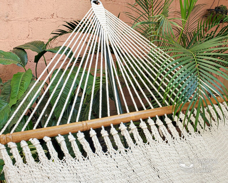 Cotton Handwoven Large Double Hammock with wooden spreader bars Natural Color Crochet Ornament image 5