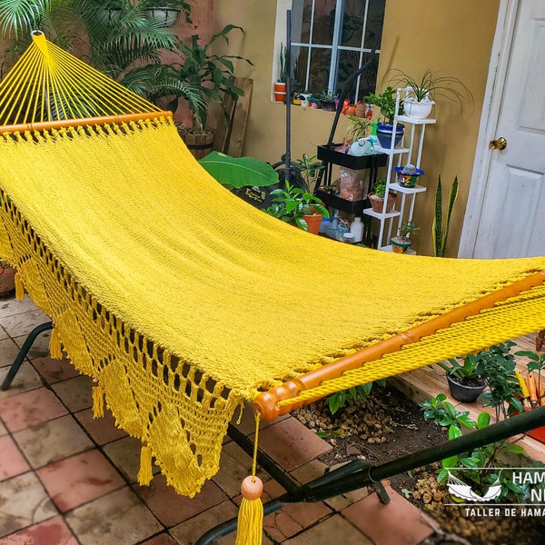 Yellow Single Hammock with wooden spreader bars and handwoven cotton crochet fringes / Engraving laser free
