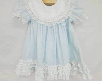 Vtg Girls Cutest One Dress Size 4T Toddler Blue Polka Dot Dentelle Ruffle