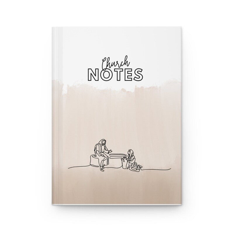 Puede incluir: Una libreta blanca con un fondo de acuarela en tonos marrones y beige. El texto "Church NOTES" est&aacute; impreso en negro en la parte superior de la libreta. Un dibujo a l&iacute;nea de dos personas sentadas y hablando est&aacute; en la parte inferior de la libreta.