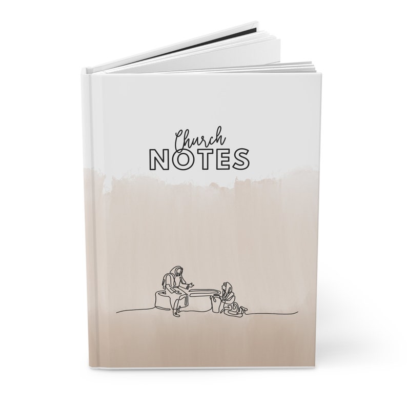 Puede incluir: Un cuaderno blanco con un fondo de acuarela y el texto "Church NOTES" en negro. Un dibujo a l&iacute;nea de dos personas sentadas junto a un pozo est&aacute; en la portada.