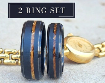 Matching His and Hers Wedding Bands, Couple Rings, Unique Promise Ring Set, Whiskey Barrel Ring, Black Wedding Band Set