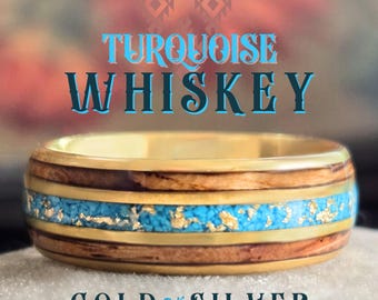 Whiskey Barrel Turquoise Ring – Tungsten Wedding Band, Gold/Silver with Wood Inlay