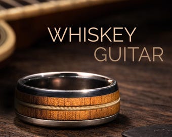 Guitar String Whiskey Barrel Tungsten Ring - Mens Wedding Band