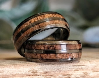 Whiskey Barrel Ring with Wood Inlay, Unique Mens Wedding Band, Tungsten and Wood Inlay Man Ring, Wood Wedding Band or Mens Promise Ring