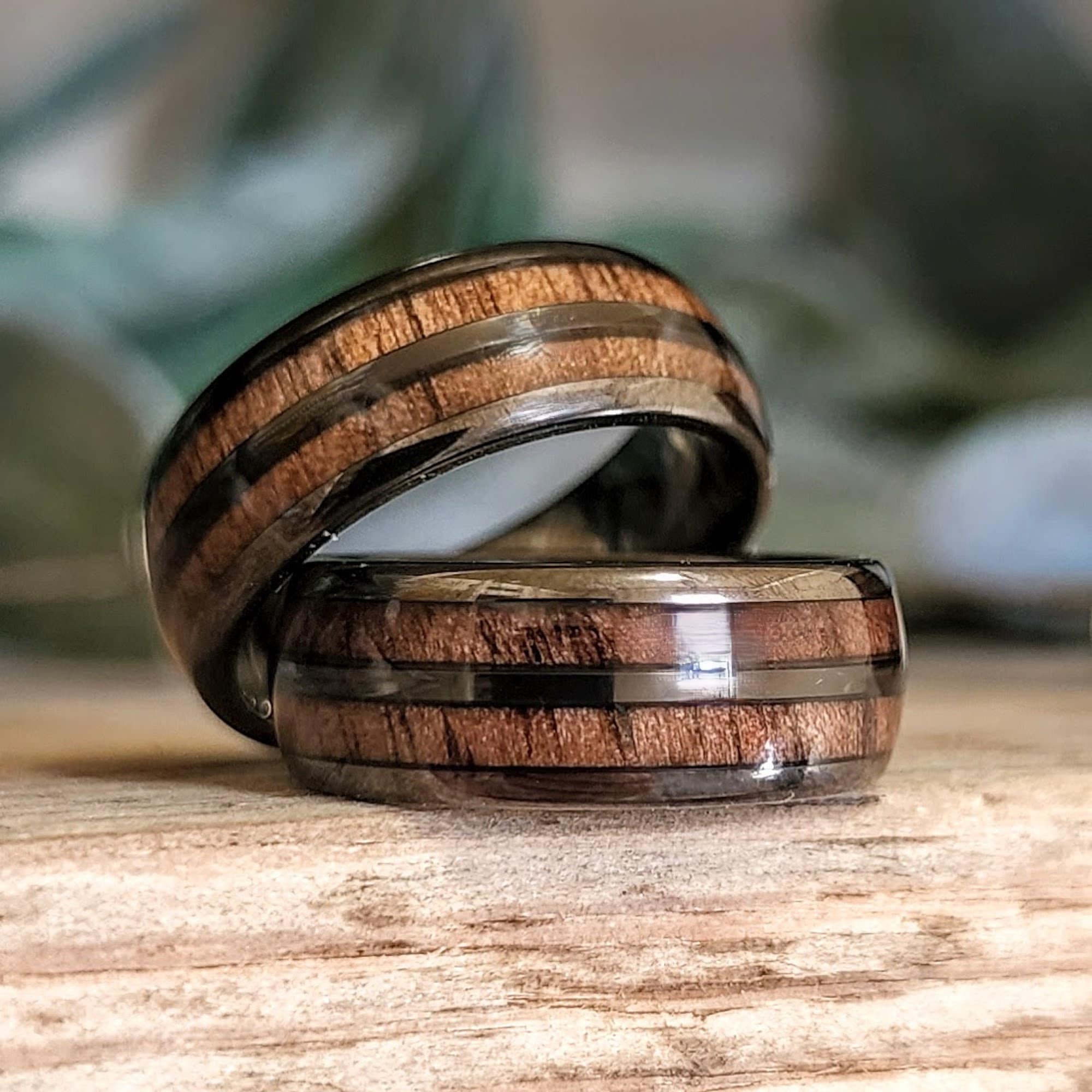 Whiskey Barrel Ring With Wood Inlay Unique Mens Wedding Band