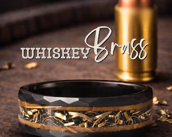 Brass Casing Whiskey Barrel Ring | Black Hammered Tungsten Wedding Band