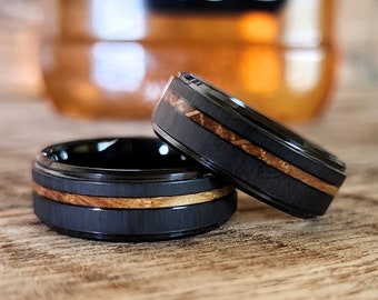 Black Whiskey Barrel Ring, Tungsten and Wood Inlay Man Ring, Mens Wedding Band, Wood Wedding Band or Promise Ring