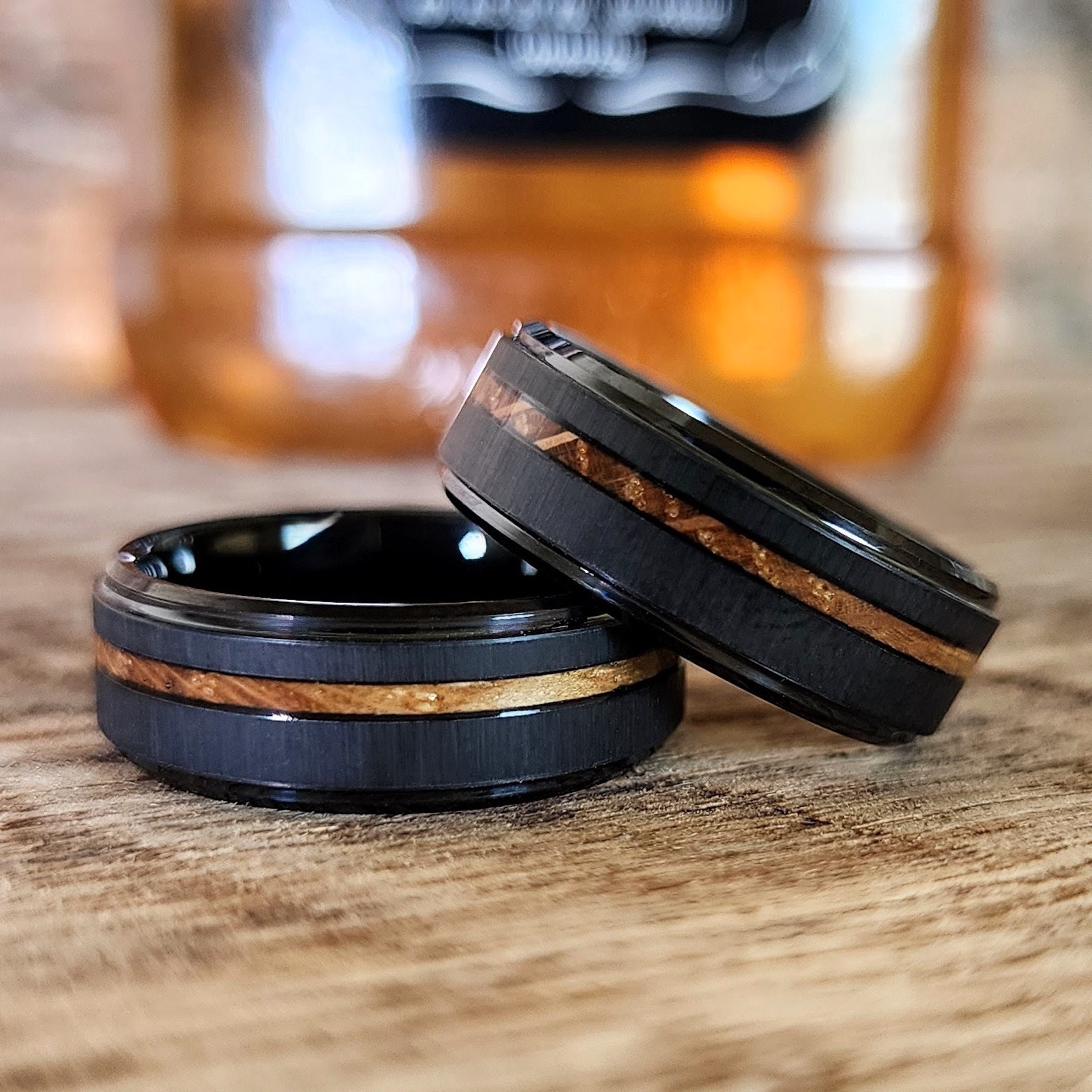 Authentic Whiskey Barrel Wood with Meteorite inlay and Sterling Silver  Flower Engraved Core - Wedding Band - Wood Ring - Sterling Silver