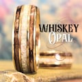 Whiskey Barrel Ring with Gold and Opal Accent Mens Engagement Promise or Wedding Band. Wood Wedding Ring with whiskey wood, opal and gold