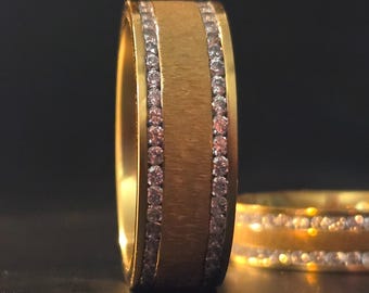 Mens Gold Diamond Wedding Band – 14k Yellow Gold Flush Set Diamond Ring – Minimalist Mens Wedding Band