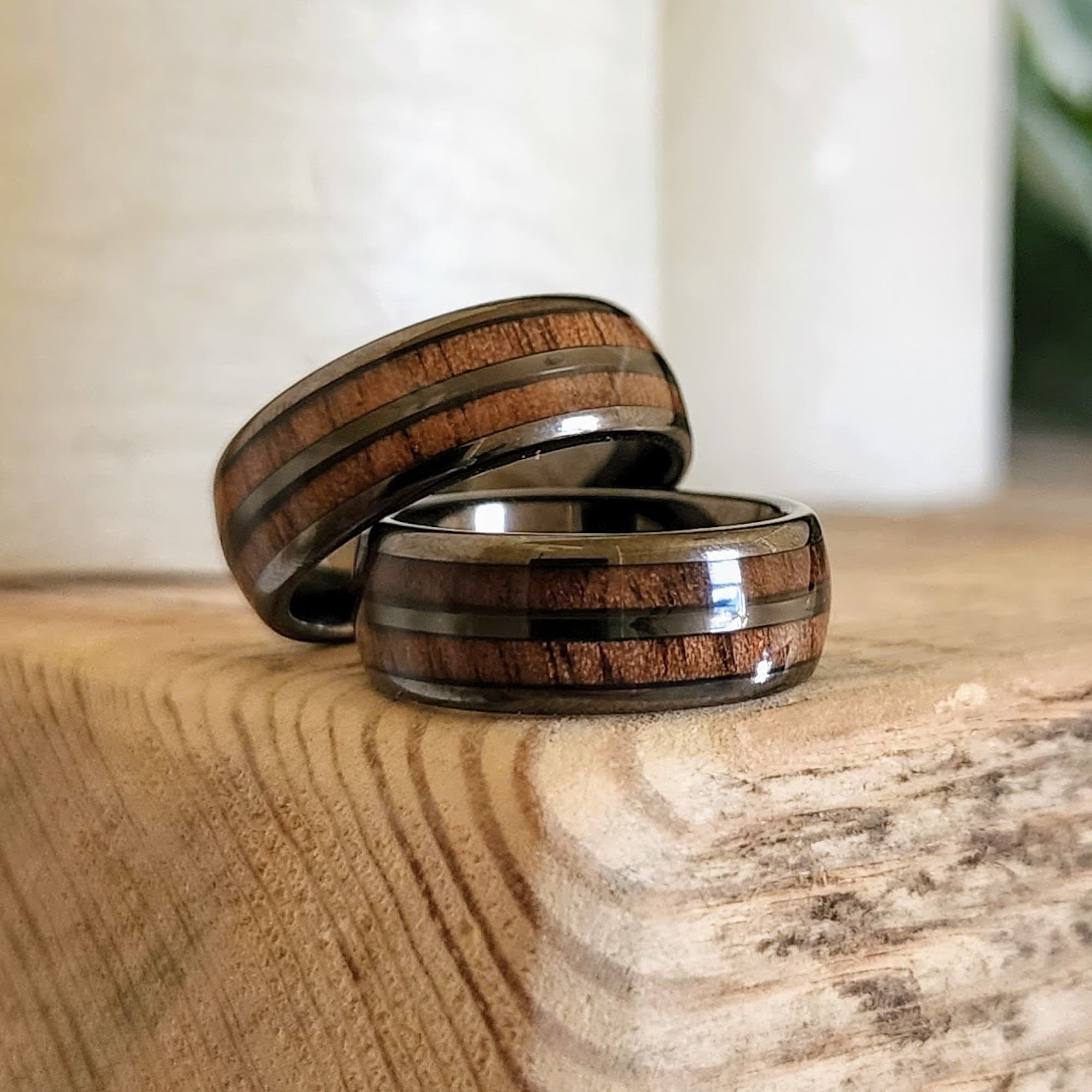 Whiskey Barrel Ring with Wood Inlay Unique Mens Wedding Band