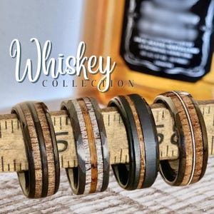 Whiskey Barrel Ring Collection featuring Antler, Guitar and Whiskey Oak Rings, Tungsten Mens Wedding Band Wood Inlay,Promise Ring for Him