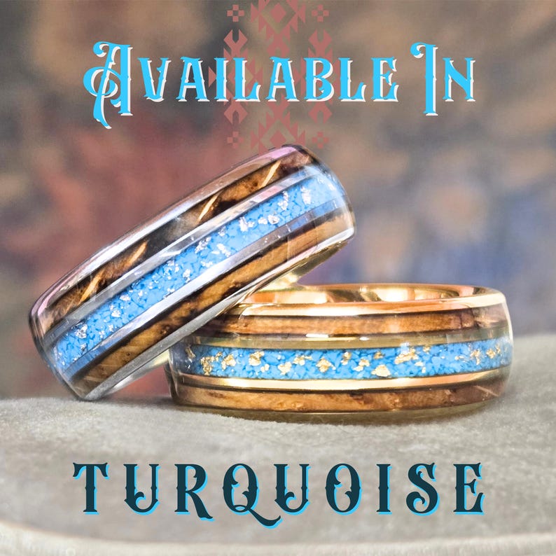 May include: Two rings featuring wood grain bands with a central inlay of crushed turquoise and metallic flakes. The top ring has silver-toned metal edges, while the bottom ring has gold-toned metal edges. Text reads: AVAILABLE IN TURQUOISE.
