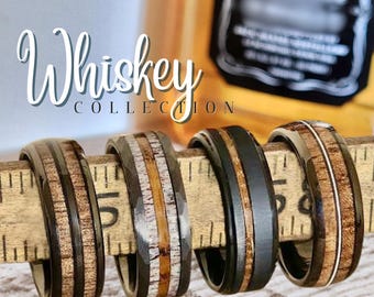 Whiskey Barrel Tungsten Ring: Antler, Guitar String, or Oak Inlay