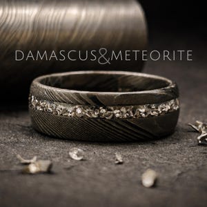 Damascus steel with meteorite ring wedding band