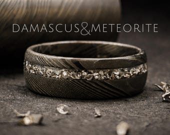 Damascus Steel Meteorite Ring, Handmade Wedding Band for Him
