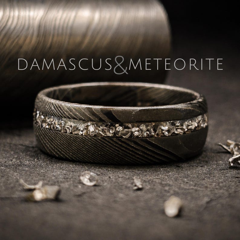 Damascus steel with meteorite ring wedding band