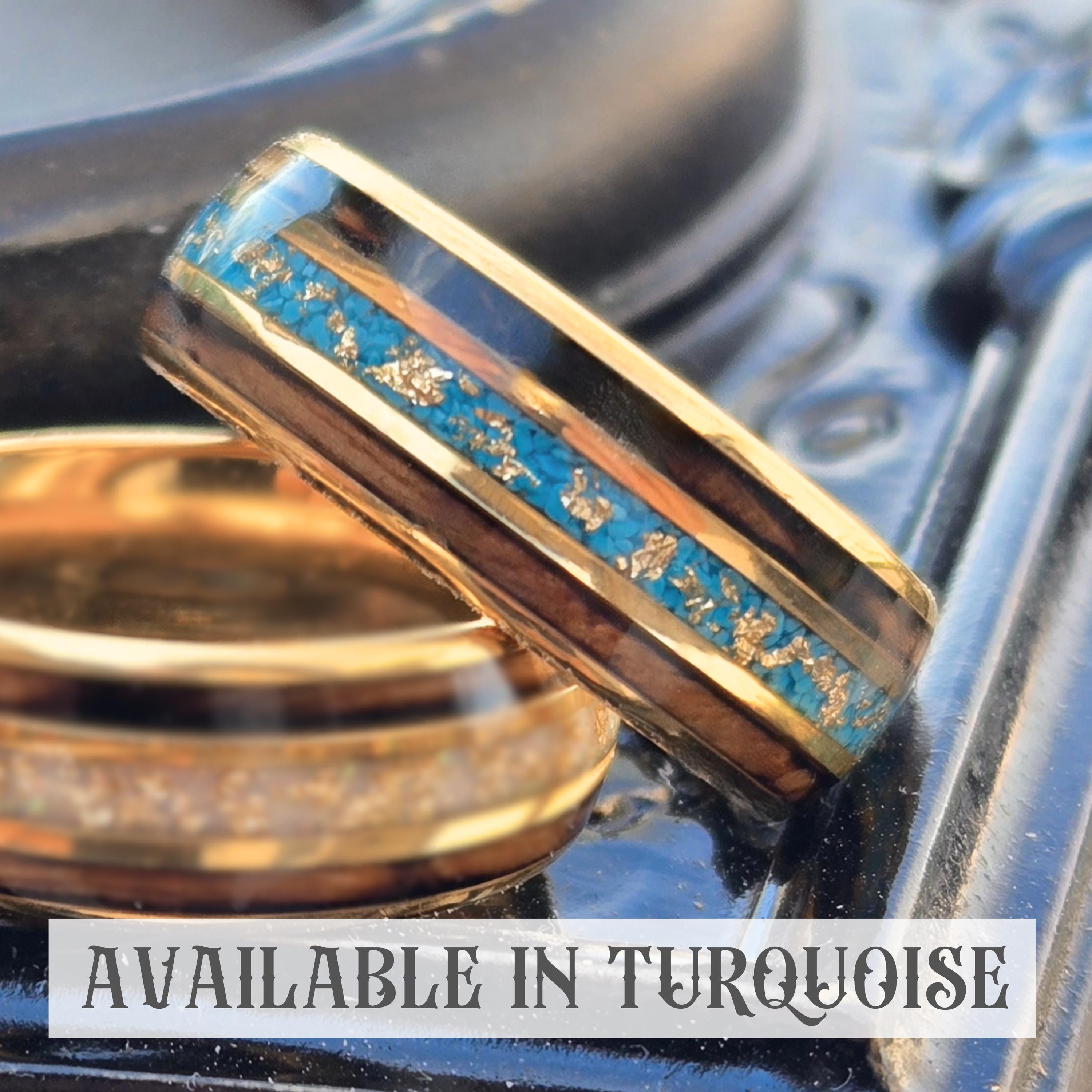 Whiskey Barrel Ring with Gold and Opal Accent Mens Engagement Promise or Wedding Band. Wood Wedding Ring with whiskey wood, opal and gold