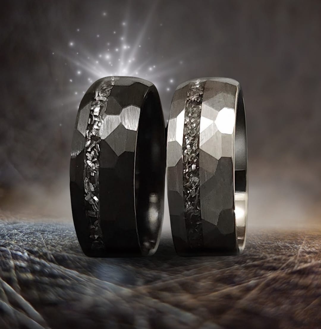 Meteorite Galaxy Wedding Band or Promise Ring for Him, Hammered Silver ...