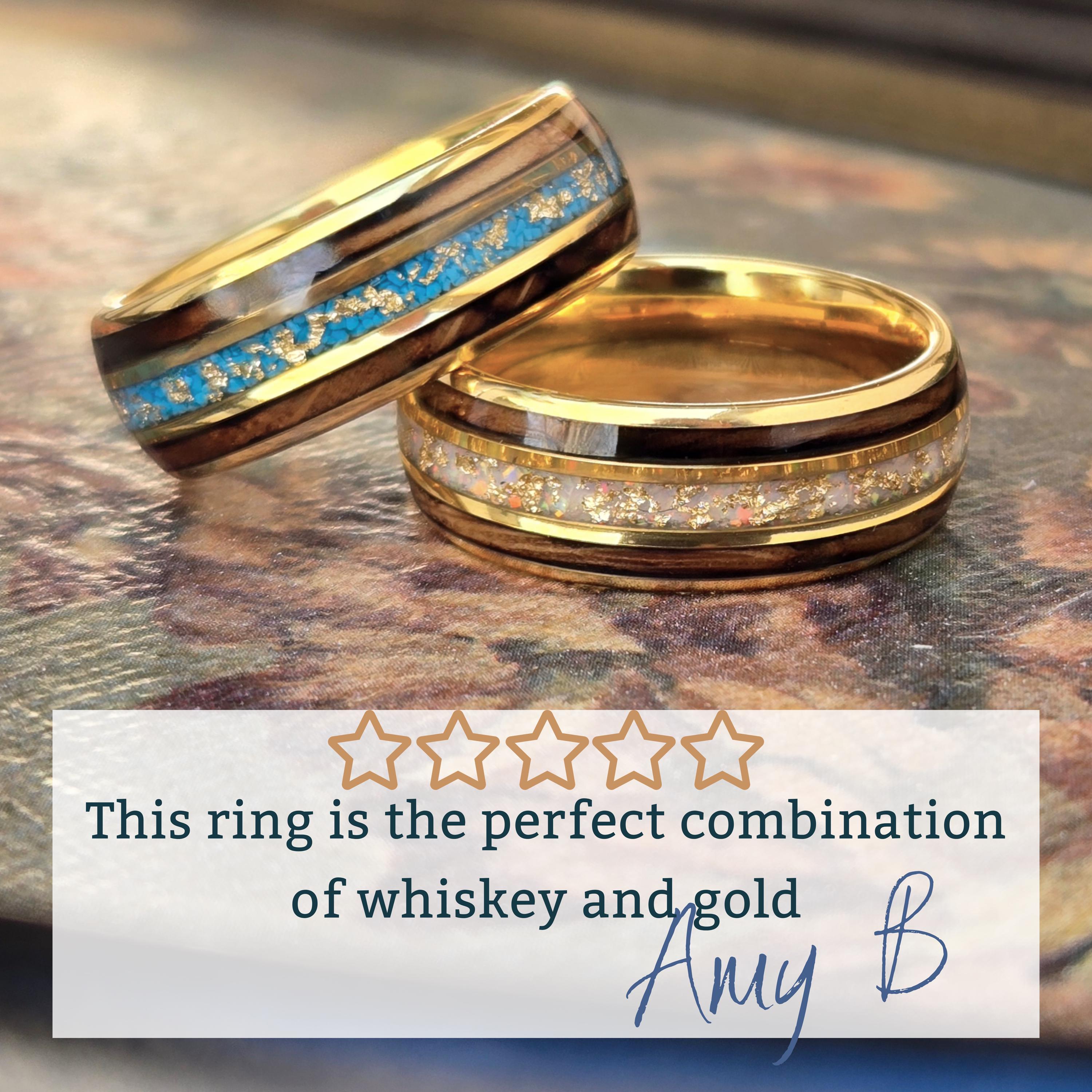 Whiskey Barrel Ring with Gold and Opal Accent Mens Engagement Promise or Wedding Band. Wood Wedding Ring with whiskey wood, opal and gold