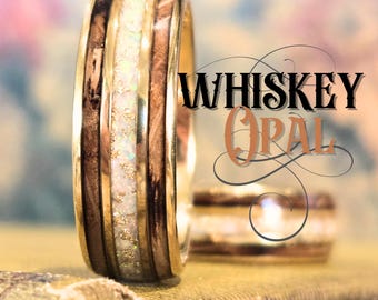 Whiskey Barrel Ring with Gold and Opal Accent Mens Engagement Promise or Wedding Band. Wood Wedding Ring with Whiskey Wood, Opal and Gold