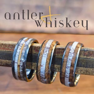 Whiskey Wedding Ring with Charred Whiskey Barrel and Antler, Antler Ring, Promise Ring or Gift for Him, Perfect for Hunter, Mens Ring
