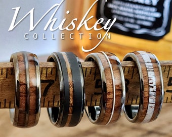 Whiskey Barrel Ring Collection featuring Deer Antler Ring, Guitar String Ring, Tungsten Mens Wedding Band Wood Inlay, Promise Ring for Him