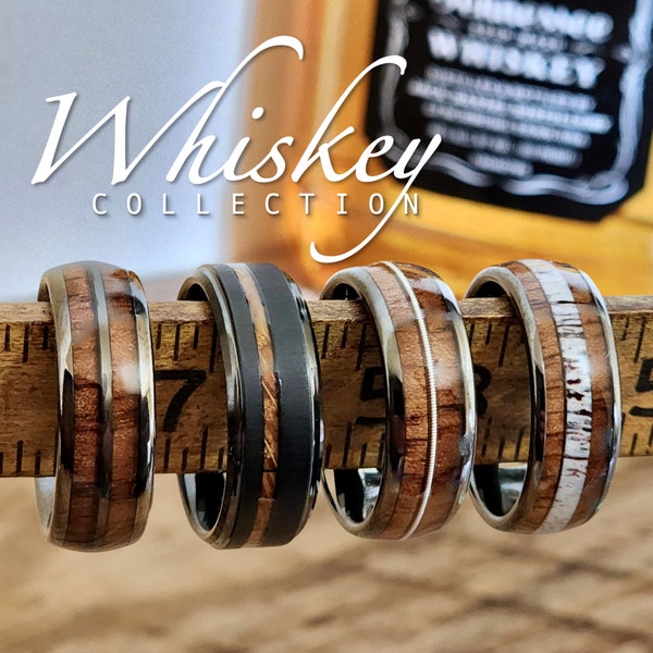 Whiskey Barrel Ring Collection featuring Deer Antler Ring, Guitar String Ring, Tungsten Mens Wedding Band Wood Inlay, Promise Ring for Him