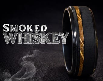 Black Tungsten Whiskey Barrel Ring, Smoked Whiskey Inlay Wedding Band for Men