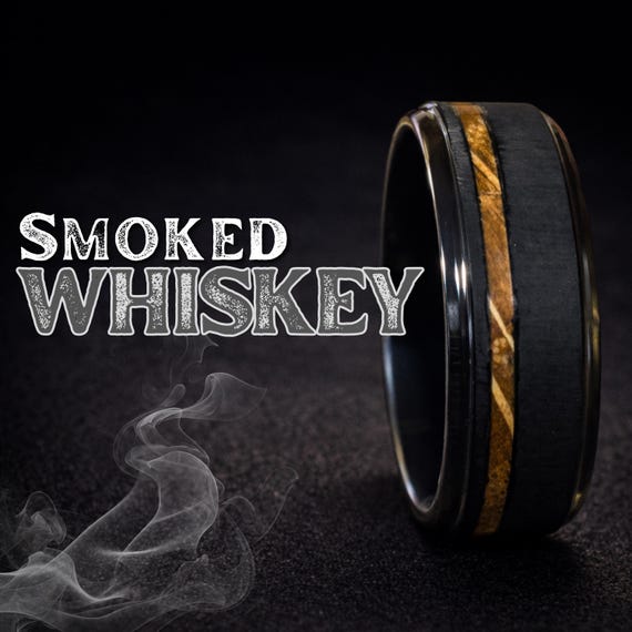 Black Tungsten Whiskey Barrel Ring, Smoked Whiskey Inlay Wedding Band for Men