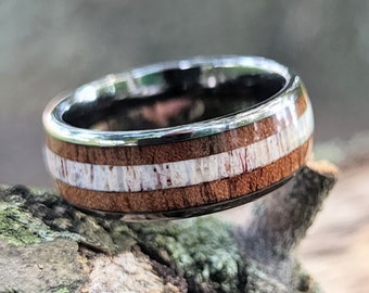 Antler and Whiskey Barrel Ring, Deer Antler Ring Wedding Band, Tungsten Promise Ring for Him, Deer Antler Ring Men, Hunting Gift