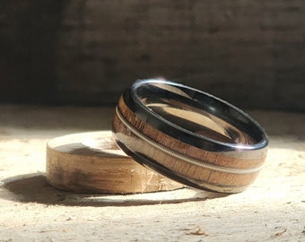 Guitar String And Whiskey Barrel Mens Wedding Band, Mens Promise Ring or the Perfect Guitar or Whiskey Gift for Him.