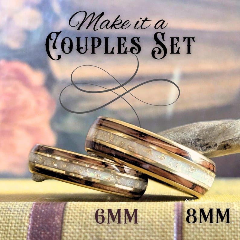 opal whiskey couples set, 6mm womens wedding band