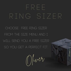 May include: A dark gray graphic featuring the text FREE RING SIZER, CHOOSE FREE RING SIZER FROM THE SIZE MENU AND I WILL SEND YOU A FREE SIZER SO YOU GET A PERFECT FIT, and the name Oliver. A dark gray, textured, geometric cube is in the corner.