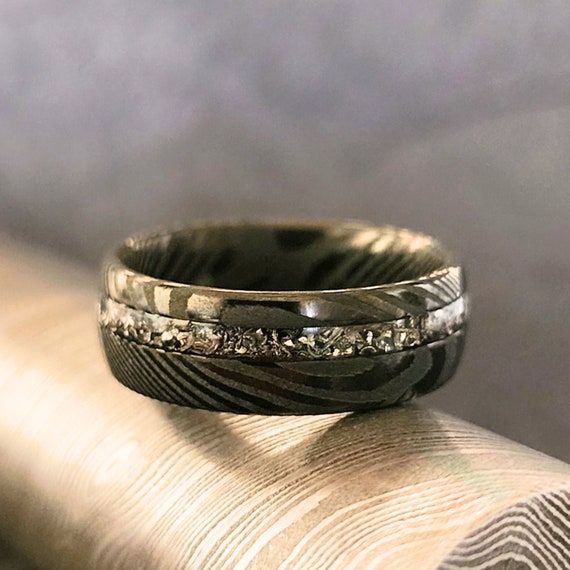 Damascus Steel Meteorite Ring, Meteorite Wedding Band or Promise Ring for Him, Damascus Steel is a Perfect 6th Anniversary Gift