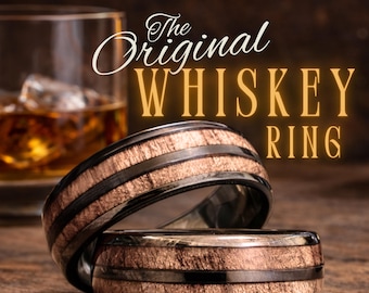 Whiskey Barrel Ring with Wood Inlay, Unique Mens Wedding Band, Tungsten and Whiskey Inlay Man Ring, Wood Wedding Band or Mens Promise Ring