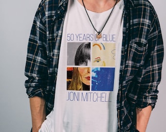 Joni Mitchell T-shirt, "Fifty Years of Blue", 100% Organic Bamboo, Handmade Scoop Neck Classic Rock Folk Album Art Tee