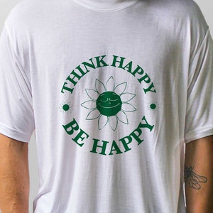 T-shirt en bambou, Be Happy, naturel et durable, col rond, 100 % biologique, illustré, commerce équitable, végétalien, éthique, t-shirt en bambou
