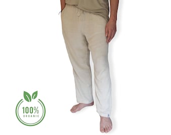 Bio-Leinenhose, 100% Bio, handgemacht, Fair Trade, tiefe Vorder- und Gesäßtaschen, bequemer Boho-Stil, Unisex-Hose