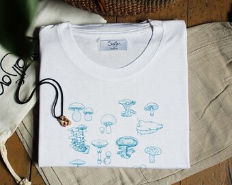 Mushroom Season Tshirt, 100% Organic Bamboo, Fungi, Minimal Mushroom Collage, Nature Lover Shirt