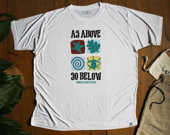 Camiseta de bambú orgánico, camiseta "Como arriba es abajo", camiseta con símbolo espiritual, gráfico de geometría sagrada, camiseta con cita sobre la atención plena.