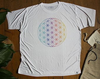 ॐ Camiseta de ioga de bambu Flower of Life 100% orgânica e ética, fibra de bambu de geometria sagrada macia T