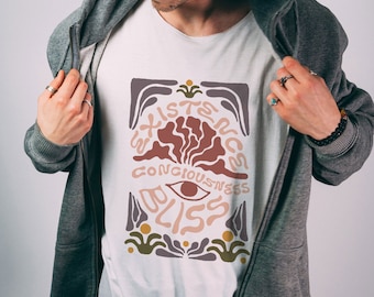 Camiseta de bambú Mantra, 100 % orgánica, existencia, conciencia, felicidad, escote redondo, boho hippie, comercio justo, ética, camiseta de yoga