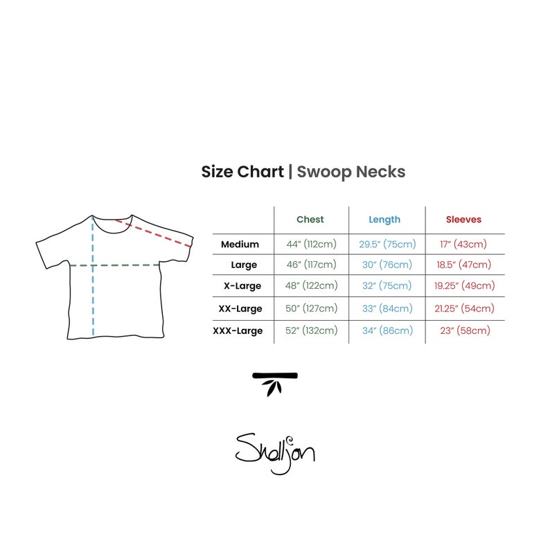 May include: Size chart for swoop neck t-shirts with measurements in inches and centimeters. The chart shows chest, length, and sleeve measurements for sizes Medium, Large, X-Large, XX-Large, and XXX-Large.