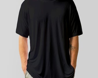 Camiseta de bambú orgánico, color negro natural, cuello redondo sostenible, 100 % orgánica, comercio justo, vegana, ética, ideal para yoga.