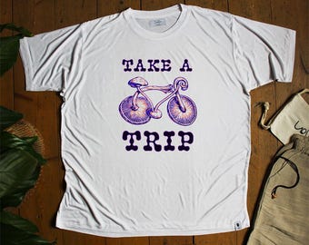 Camiseta de bambú orgánico, camiseta "Take A Trip", camiseta con estampado de bicicleta psicodélica, diseño de ciclismo retro, bicicleta con setas psicodélicas, camiseta de estilo vintage