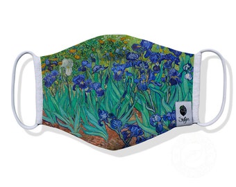 Vincent Van Gough Bamboo Face Mask, Irises Painting, Breathable 3-Layer 100% Bamboo & Organic Cotton, Washable and Reusable