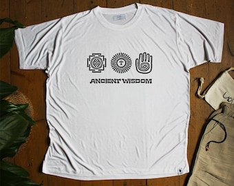 Camiseta de bambú orgánico, camiseta con sabiduría ancestral, camiseta con símbolo espiritual, gráfico de geometría sagrada, diseño minimalista para meditación, ropa simbólica.